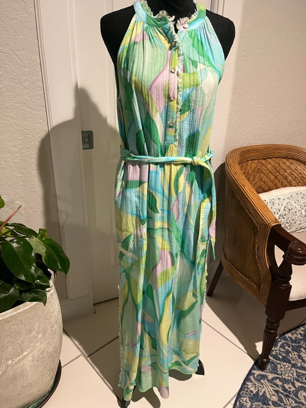 Tribal Pastel Green Multi-Color Sleeveless Halter Maxi Dress